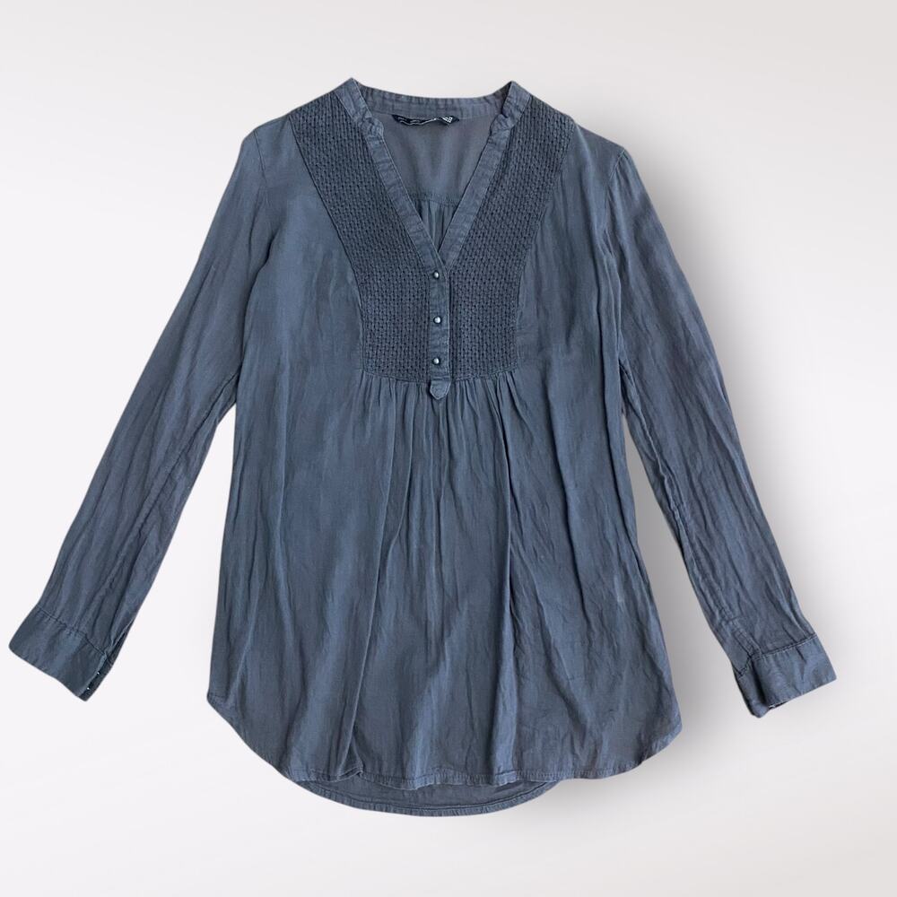 Zara TRF Button Front V-Neck Long Sleeve Womens Size XS Gray Boho Minimalist‎